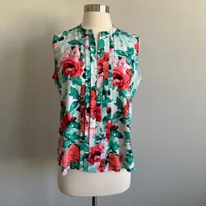 Calvin Klein Pleated Sleeveless Blouse Pink Green Floral Career Spring Small